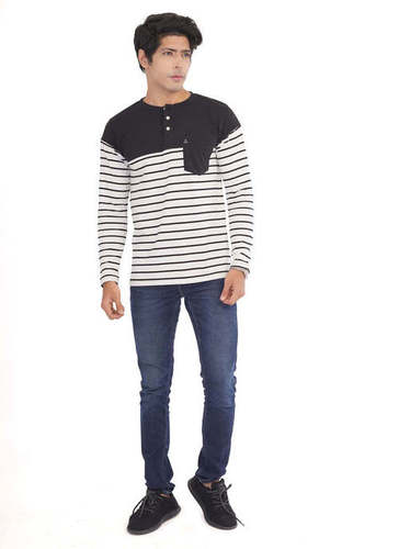 Carbon Basics White Black Stripe Men Henley T-Shirt, Soft And Durable Ribbed Cotton Age Group: 20