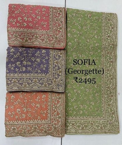 Embroidered Indian Cotton Machine Embroidery Sofia Georgette Saree For Party Wear