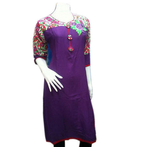 Purple And Printed 3/4th Sleeve Casual Wear Fancy Kurtis For Female Person