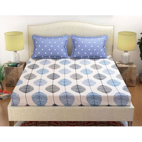 Cotton Printed Bed Sheet - 100% Cotton, Queen Size Double Bed Sheet, Blue Color, 500 g/m3 Density, 200 Thread Count, Ideal for Hotel and Bedroom Use