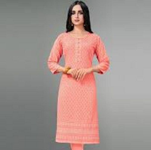 3/4 Sleeves Round Neck Beautifully Designed Pink Fancy Ladies Kurti