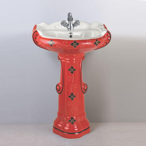 Red Color Printed Design Ceramic Wash Basin With Floor Mounted, One Piece