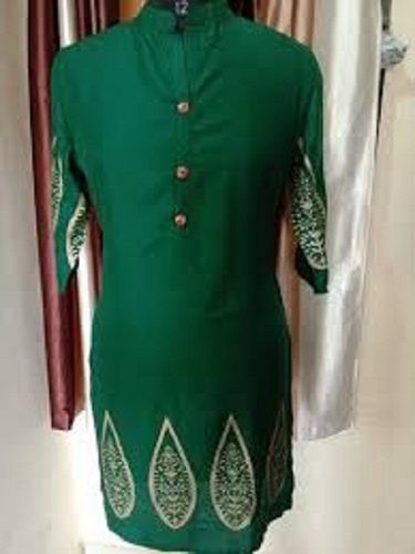 Round Neck 100 Percent Pure Cotton Beautifully Printed Green Fancy Ladies Kurti