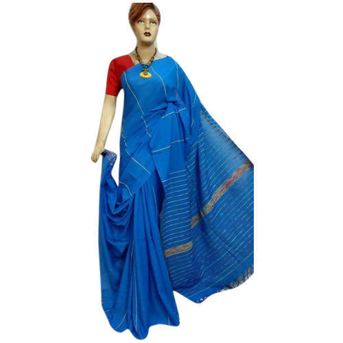 Casual Wear Blue Color Printed Handloom Cotton Saree With Blouse Piece