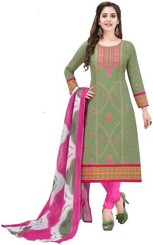 Ladies Breathable Beautiful Round Neck Green And Pink Printed Salwar Suit