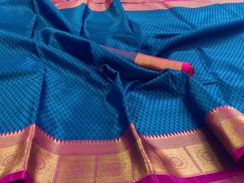 Blue With Pink Color Traditional Broad Border Ladies Cotton Silk Saree With Blouse Piece