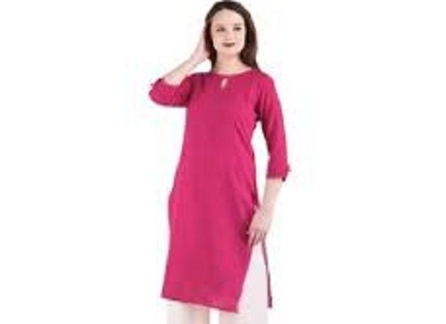 Washable Lightweight Comfortable Round Neck 3/4 Sleeves Plain Pink Cotton Ladies Kurti For Daily Wear