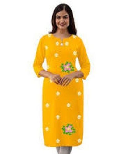 Round Neck Super Soft Stylish And Elegant Yellow And White Color Fancy Ladies Kurti