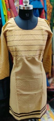 Semi Cotton Readymade Kurti Cream And With Mirror Work Embroided Neck Pattern