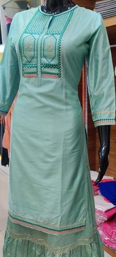 Semi Cotton Readymade Kurti Green And Mirror Work With Embroided Neck Pattern 