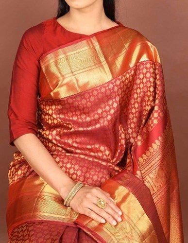 Bridal Wear Silk Saree With Blouse Piece With Red And Golden Color And Washable