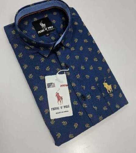 Cool & Stylish Designer Party Wear Blue Printed Full Sleeves Hard Collar Cotton Shirt Collar Style: Classic