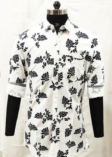 Cotton Collar Neck White And Black Printed Shirts For Men Perfect For Casual Evening And Special Occasion