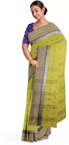 Printed Dark Blue And Mehndi Cotton Daily Wear Sarees For Ladies With Blouse Piece
