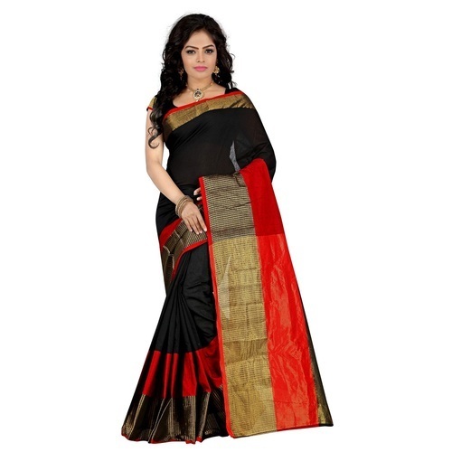 Printed Ladies Black And Orange Cotton Daily Wear Sarees With Blouse Piece