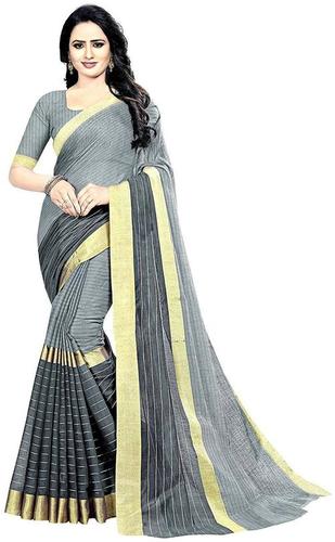 Printed Ladies Grey And Golden Cotton Daily Wear Sarees With Blouse Piece