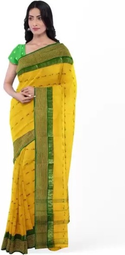 Yellow And Green Cotton Saree - Slim Fit With Blouse | Artfully Printed Design, Perfect For Daily Wear And Special Occasions