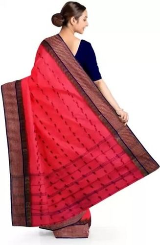 Printed Pink And Dark Blue Cotton Daily Wear Sarees For Ladies With Blouse Piece