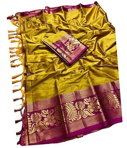 Daily Wear Womens Cotton Silk Beautiful Banarasi Look Saree With Unstitched Blouse Piece