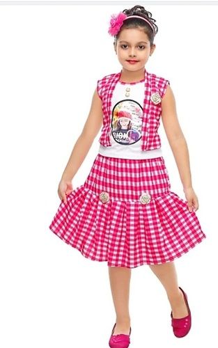 Pink White 100 % Fancy Easy To Wear Round Neck Cut Full Sleeves Skirt Top For Baby Girls(Pink White)