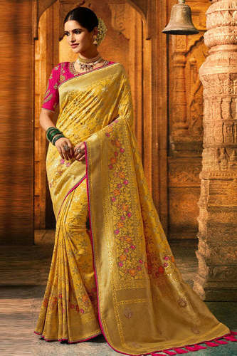 Daily Wear Pink And Yellow Cotton Silk Indian Banarasi Saree For Ladies With Blouse