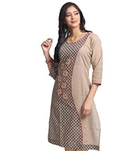 Stylish Trendy Black And Cream Printed 3/4 Sleeve Round Neck Cotton Ladies Kurti