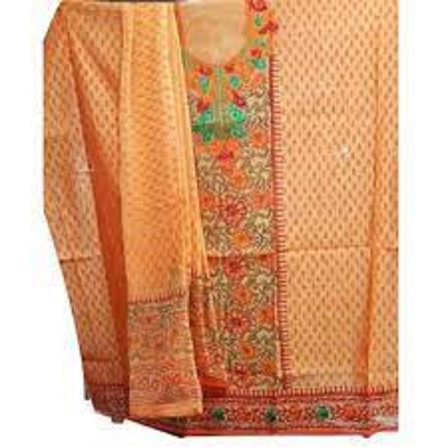 Orange Cotton Fabric Embroidery Designer Unstitched Fancy Suit For Party Wear