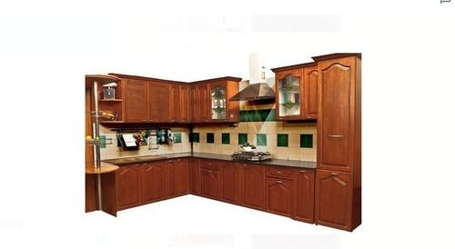 Good Quality Dark Brown Wooden Modular Kitchen With Marble Tile And Rectangle Shape