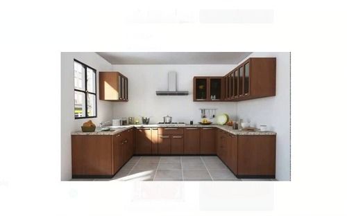 Good Quality Dark Brown Wooden Modular Kitchen With Marble Tile, U Shape