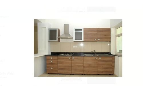 High Quality Brown Wooden Modular Kitchen With Marble And Racks Tile, Rectangle Shape