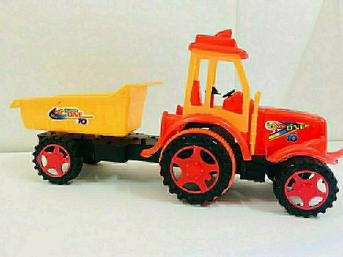 Acrylic Light Weight Red And Yellow Plastic Tractor Trolley Toy For Kids Paying