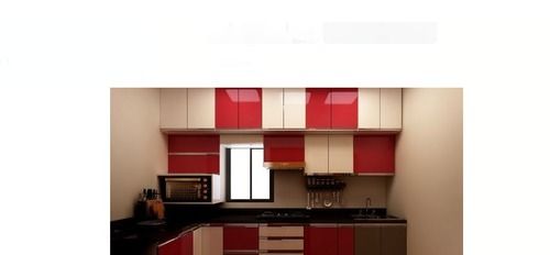 Red And White Acrylic Modular Kitchen With Marble Tile And Rectangle Shape Plywood