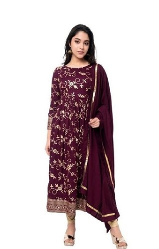 Purple and Golden Silk Cotton Kurti - 21 Inch Long Breathable and Quick-Dry with Bead Decorations Perfect for Summer Casual Wear