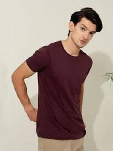 Lightweight Short Sleeves Round Neck Maroon Plain Cotton Mens T Shirt for Casual Wear