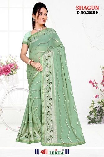 Lightweight Stylish Comfortable Easy To Wear Light Green Color Chiffon Saree For Ladies