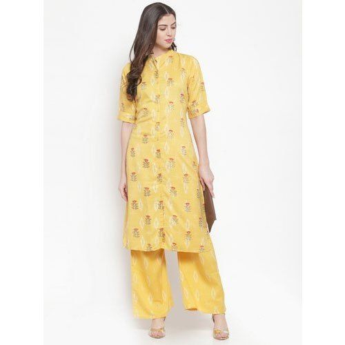 Yellow Printed And Short Sleeve Women Palazzo Suit For Daily Wear