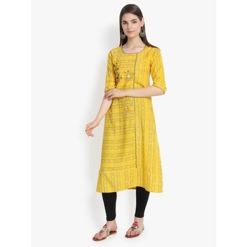 Short Sleeve Ladies Beautiful Plain Yellow Kurti For Daily Wear Decoration Material: Cloths