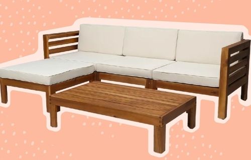 Teak And Beige Alice Outdoor 5 Piece Set Acacia Wood Sofa Set With Table