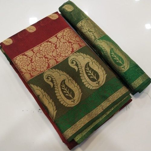 Festive 100 % Pure Cotton Green Printed Zari Border Ladies Saree With Blouse Piece (6.3 M)