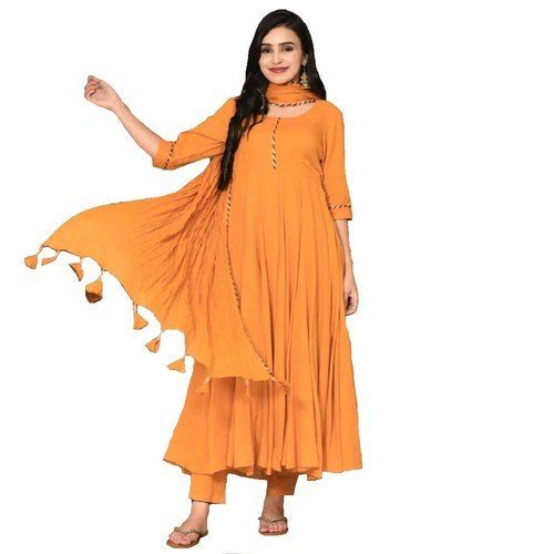 Mustard Color 100 Percent Cotton Semi Stitched Salwar Suit For Ladies Comfortable And Washable