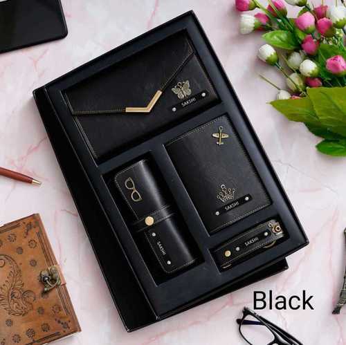 Gift Set Of 4 Items Leather Material Black Wallet Set For Gents And Ladies