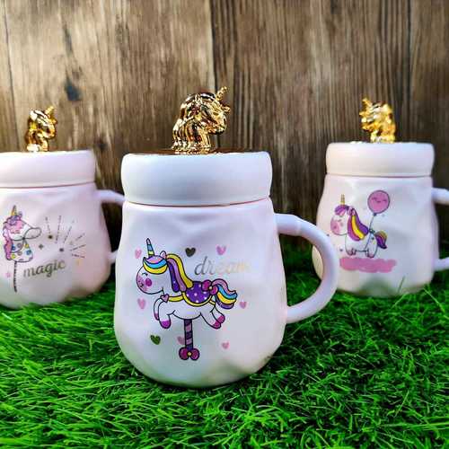 White Stylish Unicorn Print Ceramic Coffee Mug With Golden Lid For Girls And Boys