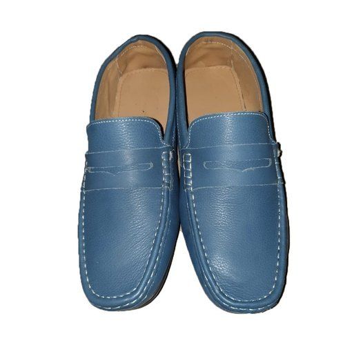 Casual Wear Sky Blue Color Leather Shoes With Round Toe And Slip On Insole Material: Rubber