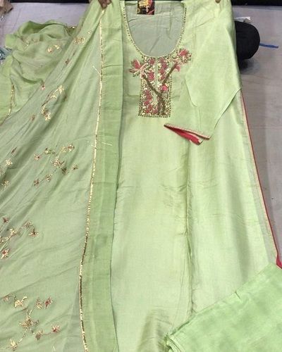 Indian Green Embroidered Palazzo Suit For Casual Wear Made With Light-Weight Fabric