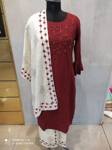 Maroon Cotton Silk Palazzo Suit - Pleated Skirt, 3/4 Sleeves, Rounded Neckline | Breathable, Quick Dry, Versatile for All Occasions