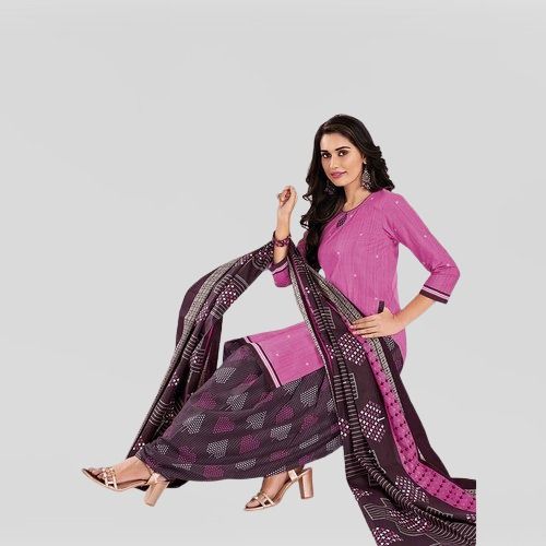 Indian 3/4 Sleeve Pink And Brown Cotton Printed Patiala Salwar Suit For Ladies Daily Wear 