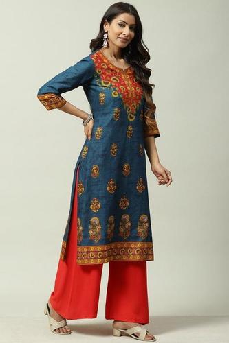 Comfortable Red And Blue Printed Cotton Stylish Kurti Palazzo Set For Ladies