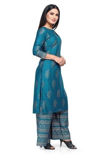 Good Quality Blue And Golden Printed Cotton Kurti Palazzo Set For Ladies