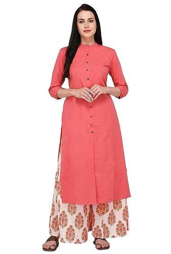 Good Quality Pink And White Printed Cotton Kurti Palazzo Set For Ladies