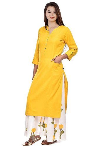 Good Quality Yellow And White Printed Cotton Kurti Palazzo Set For Ladies